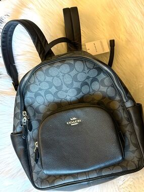 Coach Black Signature Canvas Backpack with Leather Trim